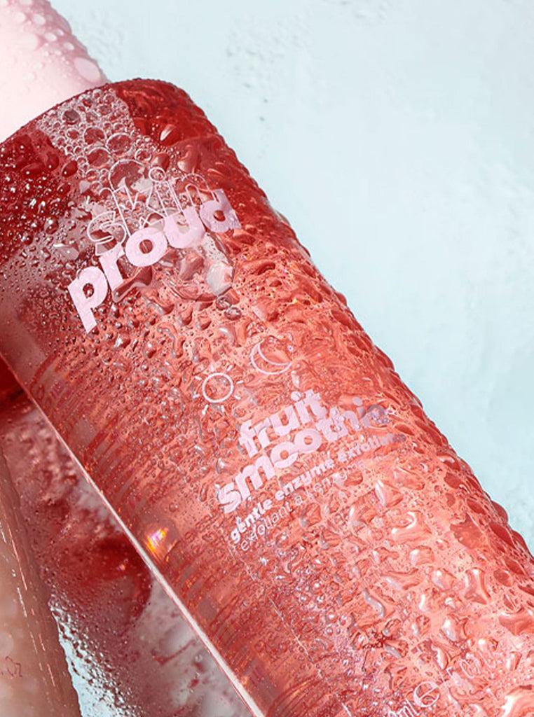 Bottle of Skin Proud Fruit Smoothie with water droplets