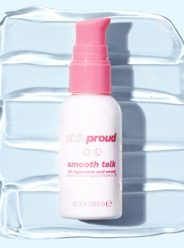 Bottle of Smooth Talk serum on top of texture swatch