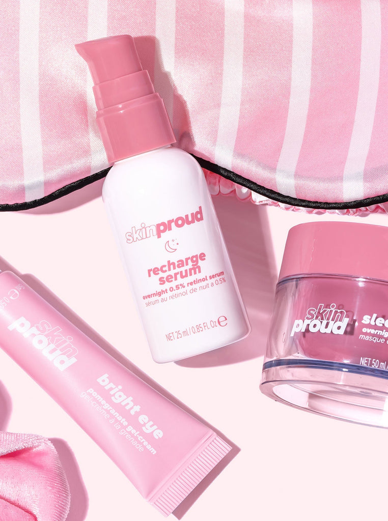 Containers of Skin Proud Bright Eye and Recharge Serum and Sleep Hero
